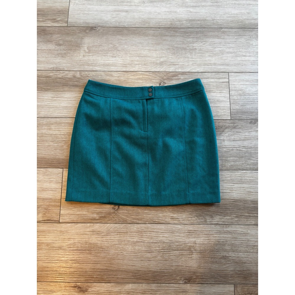 H&M Teal Herringbone Wool Blend Mini Skirt Size 12 Green Blue Lined A-Line